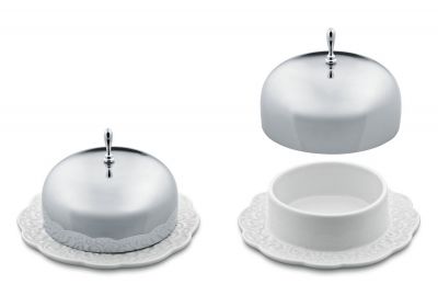 Alessi Butterdose mit Deckel, MW16 Dressed, Edelstahl und Porzellan, geöffnet und geschlossen.